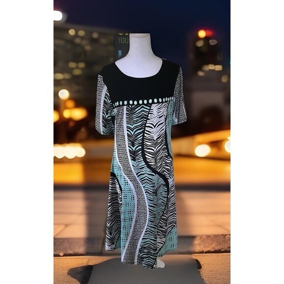 Per Seption Concept Abstract Print Beaded Neckline Stretch Shift Dress Sz L - Picture 1 of 7